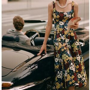 Maeve Anthropologie Marigold Floral Print Jacquard Fit and Flare Midi Dress
